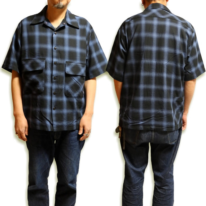 BLUCO Big Pocket Work Shirt, Ombre Check, Navy, Short Sleeve, 143-21-004