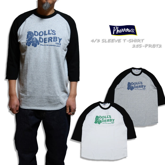 Pherrow's 3/4 Sleeve T-Shirt, Raglan Sleeve, 25S-PRBT2, Gray, White