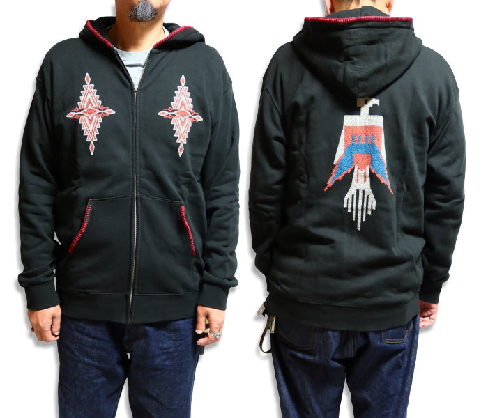 Pherrow's フェローズ ブランケットステッチスウェットパーカー ネイティブプリント ブラック 25W-PNP1