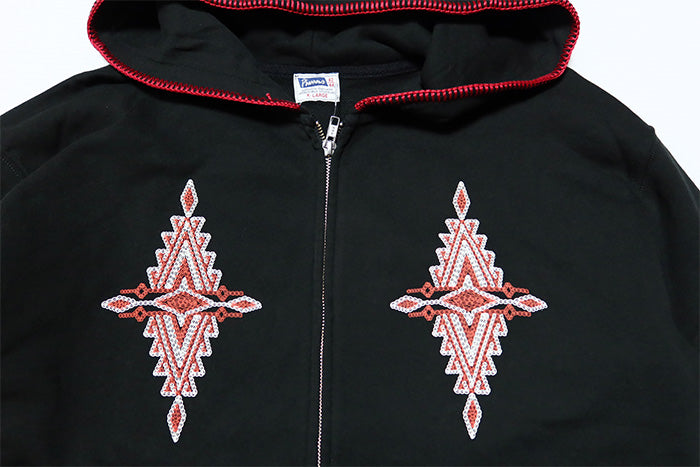 Pherrow's フェローズ ブランケットステッチスウェットパーカー ネイティブプリント ブラック 25W-PNP1