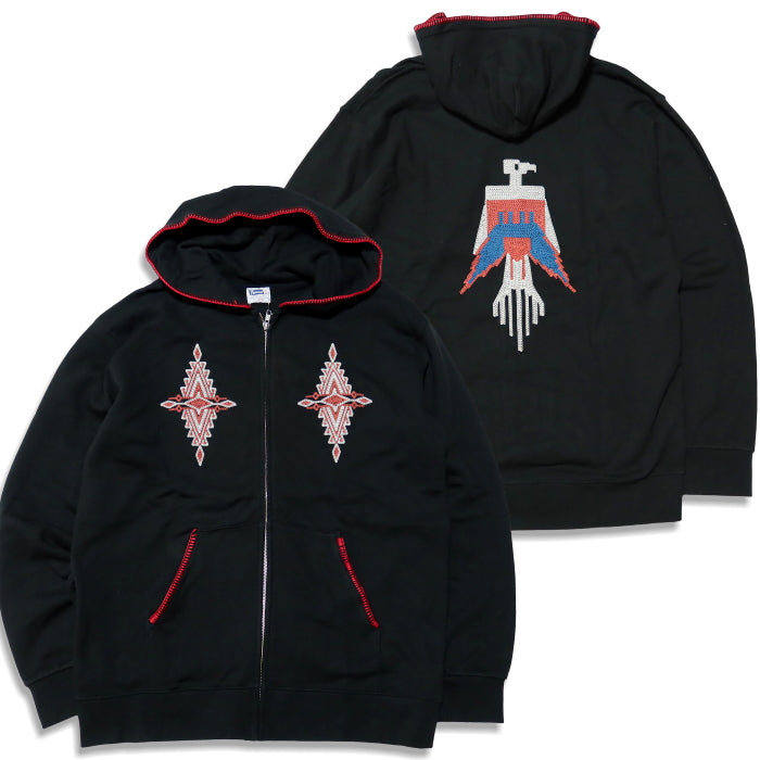 Pherrow's フェローズ ブランケットステッチスウェットパーカー ネイティブプリント ブラック 25W-PNP1