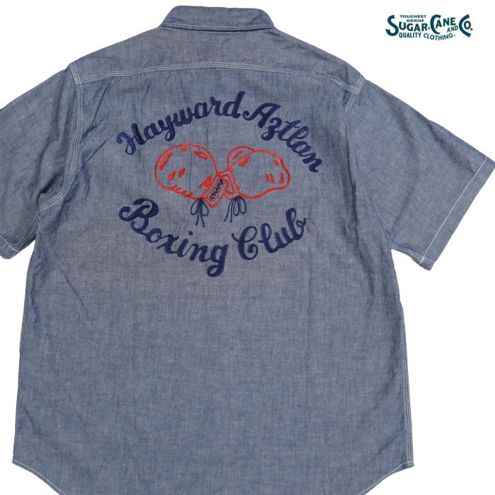 SUGAR CANE Chambray Work Shirt Short Sleeve Embroidery SC39527 Hayward Aztlan Boxing Club Blue American Casual