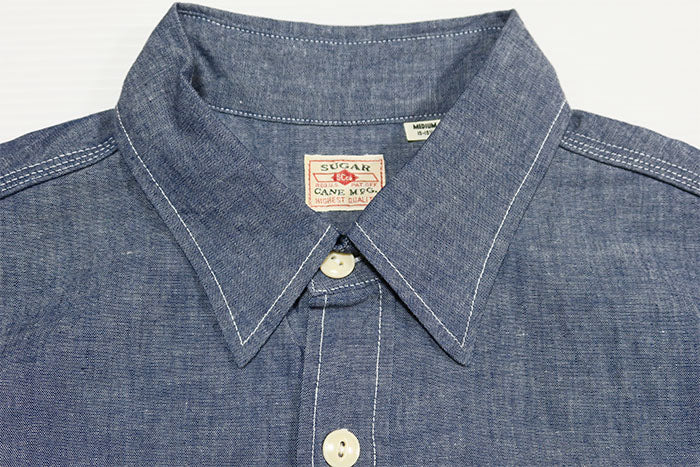 SUGAR CANE Chambray Work Shirt Short Sleeve Embroidery SC39527 Hayward Aztlan Boxing Club Blue American Casual