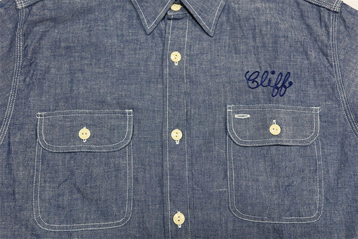 SUGAR CANE Chambray Work Shirt Short Sleeve Embroidery SC39527 Hayward Aztlan Boxing Club Blue American Casual