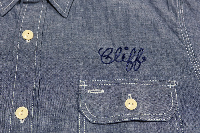SUGAR CANE Chambray Work Shirt Short Sleeve Embroidery SC39527 Hayward Aztlan Boxing Club Blue American Casual