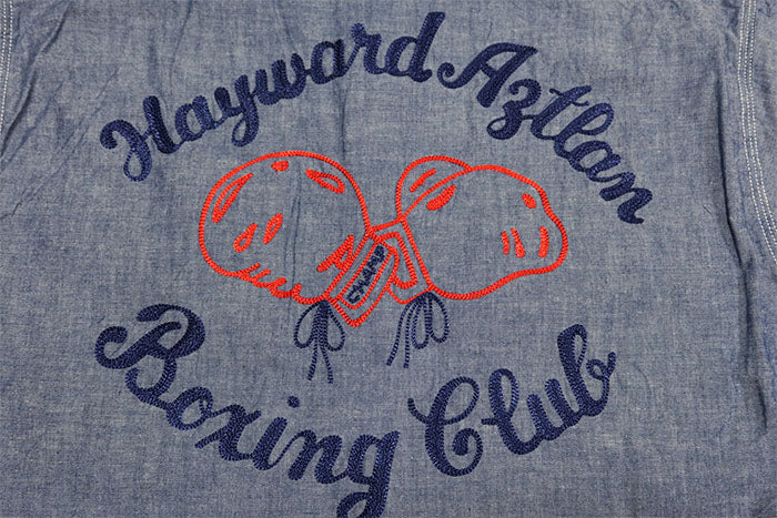 SUGAR CANE Chambray Work Shirt Short Sleeve Embroidery SC39527 Hayward Aztlan Boxing Club Blue American Casual