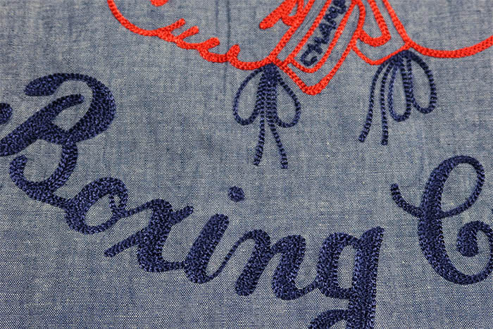 SUGAR CANE Chambray Work Shirt Short Sleeve Embroidery SC39527 Hayward Aztlan Boxing Club Blue American Casual