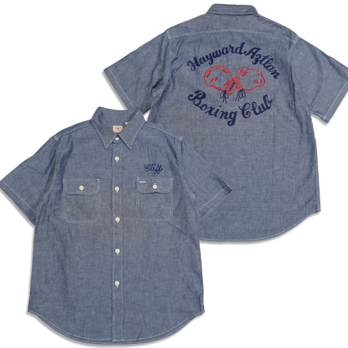 SUGAR CANE Chambray Work Shirt Short Sleeve Embroidery SC39527 Hayward Aztlan Boxing Club Blue American Casual