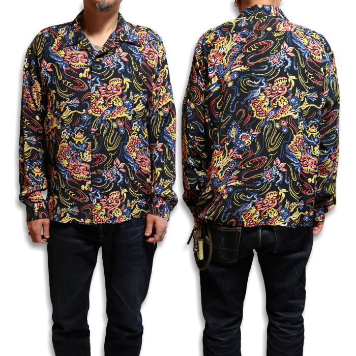 SUN SURF Aloha Shirt Long Sleeve GUARDIAN SPIRIT Dragon God Rayon Black SS29201