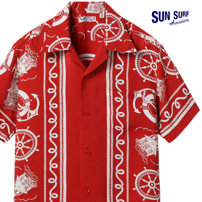 SUN SURF サンサーフ ハワイアンシャツ アロハシャツ レーヨン ALL ABOARD 半袖 SS39230 レッド 日本製