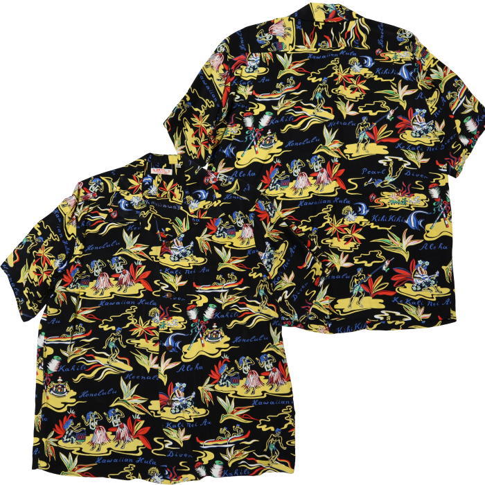 SUN SURF サンサーフ アロハシャツ HAWAIIAN HULA 半袖 レーヨン ブラック 日本製 SS39411