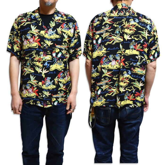 SUN SURF サンサーフ アロハシャツ HAWAIIAN HULA 半袖 レーヨン ブラック 日本製 SS39411