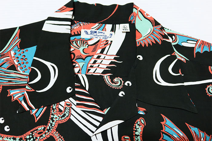 SUN SURF サンサーフ アロハシャツ BUG EYED FISH 半袖 レーヨン ブラック 日本製 SS39417
