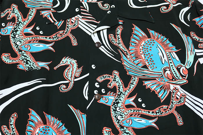 SUN SURF サンサーフ アロハシャツ BUG EYED FISH 半袖 レーヨン ブラック 日本製 SS39417