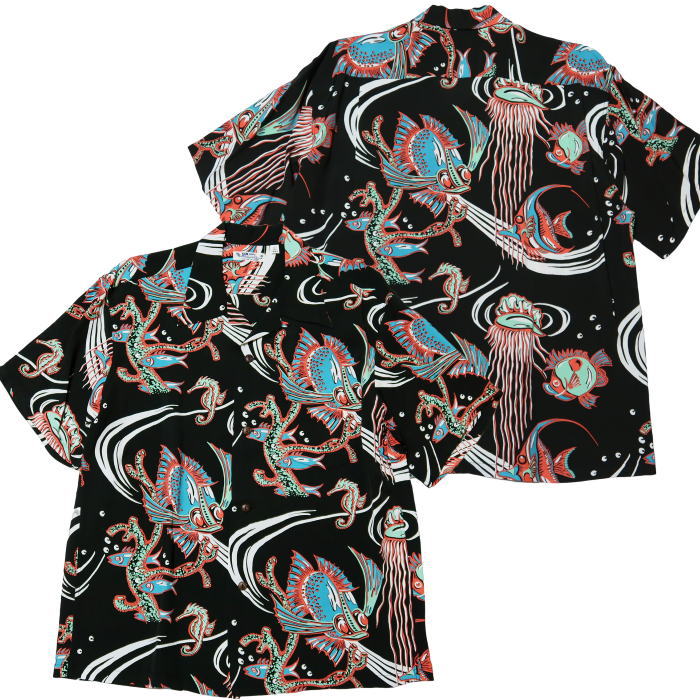 SUN SURF サンサーフ アロハシャツ BUG EYED FISH 半袖 レーヨン ブラック 日本製 SS39417