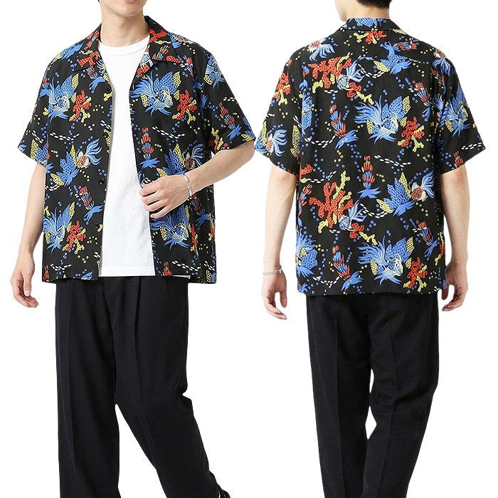 SUN SURF Aloha Shirt TROPICAL FISH Short Sleeve Rayon Hawaiian Shirt Made in Japan SS39626 Black Allover Pattern