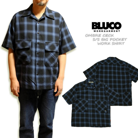 BLUCO Big Pocket Work Shirt, Ombre Check, Navy, Short Sleeve, 143-21-004