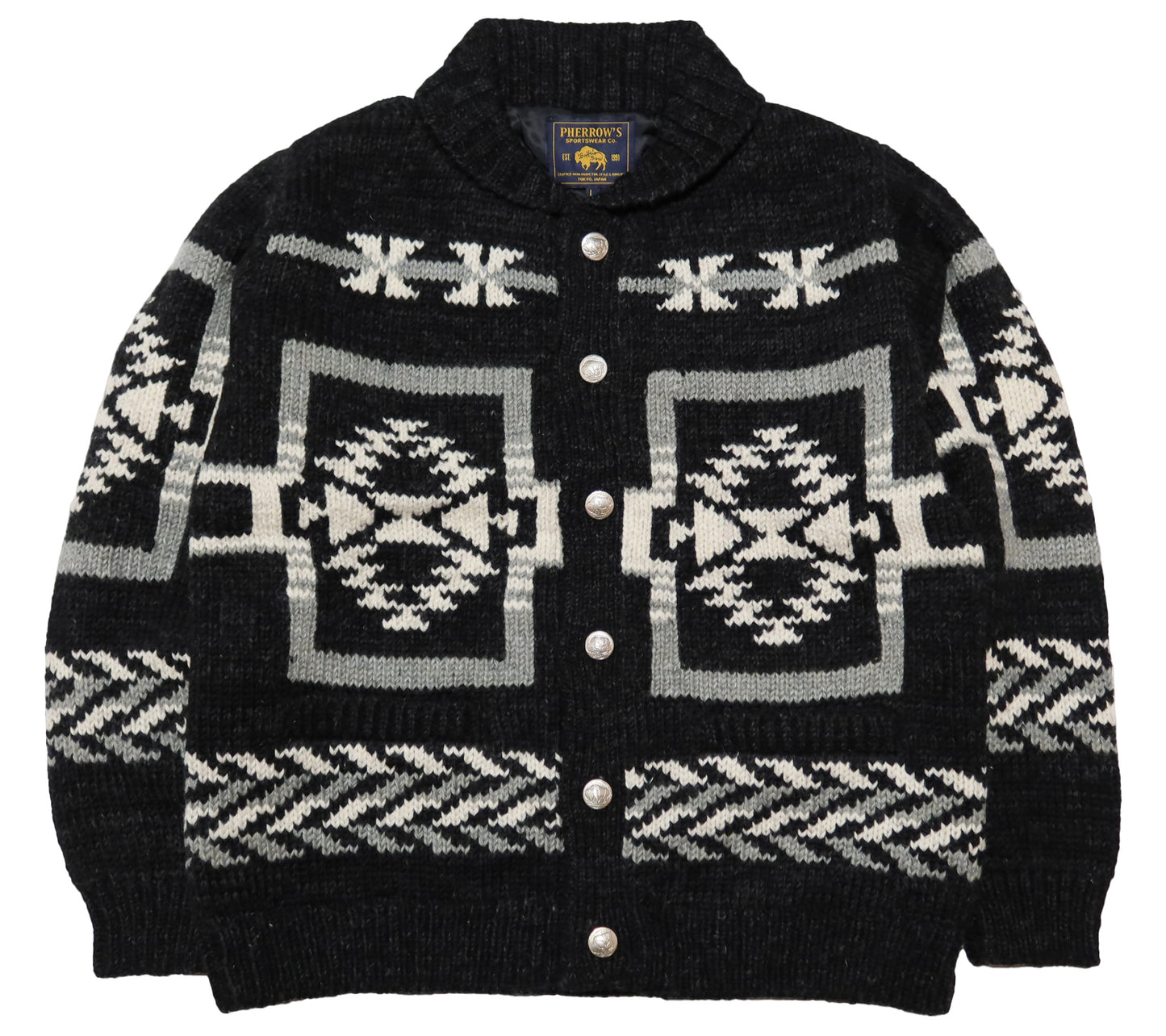 Pherrow's Hand Knit Cardigan Cowichan 23W-PNS-CARDIGAN Native Pattern Black