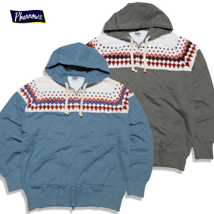 Pherrow's フェローズ 雪柄スウェットパーカー 日本製 フルジップ 裏毛 メンズ アメカジ 24W-PSFP1