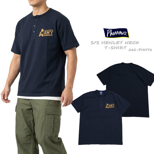 Pherrow's フェローズ ヘンリーネックTシャツ ARMY 半袖 26S-PHNT2 ワンポイント Sブラック