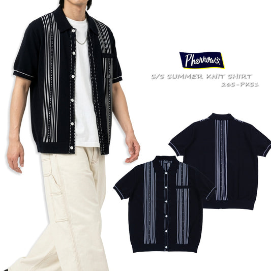 Pherrow's フェローズ サマーニットシャツ ストライプ 春夏 超強撚糸 吸湿 速乾性 26S-PKS1 日本製 ブラック
