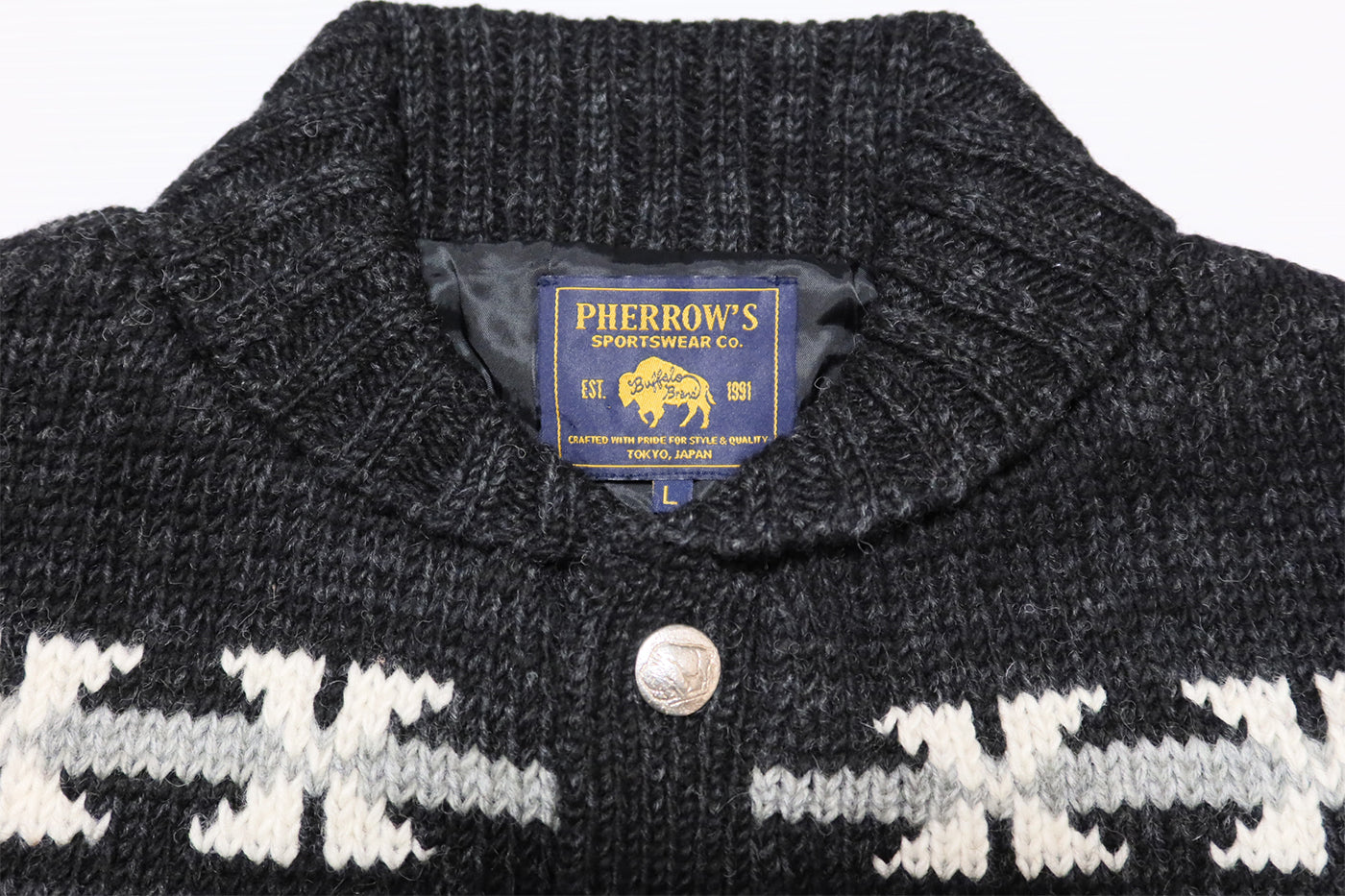 Pherrow's Hand Knit Cardigan Cowichan 23W-PNS-CARDIGAN Native Pattern Black