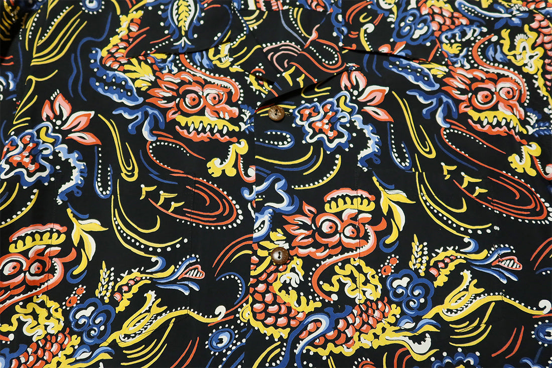 SUN SURF Aloha Shirt Long Sleeve GUARDIAN SPIRIT Dragon God Rayon Black SS29201