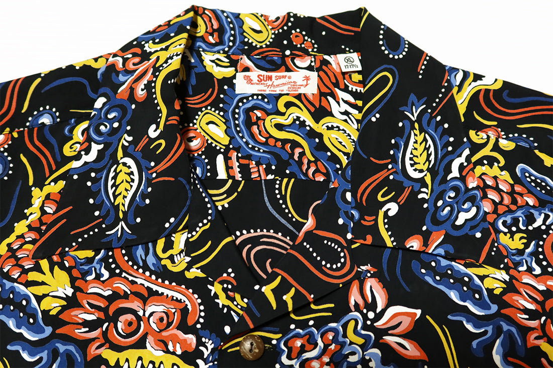 SUN SURF Aloha Shirt Long Sleeve GUARDIAN SPIRIT Dragon God Rayon Black SS29201