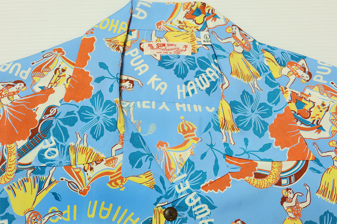 SUN SURF Aloha Shirt Long Sleeve LOVELY HULA HANDS Rayon Blue SS29203