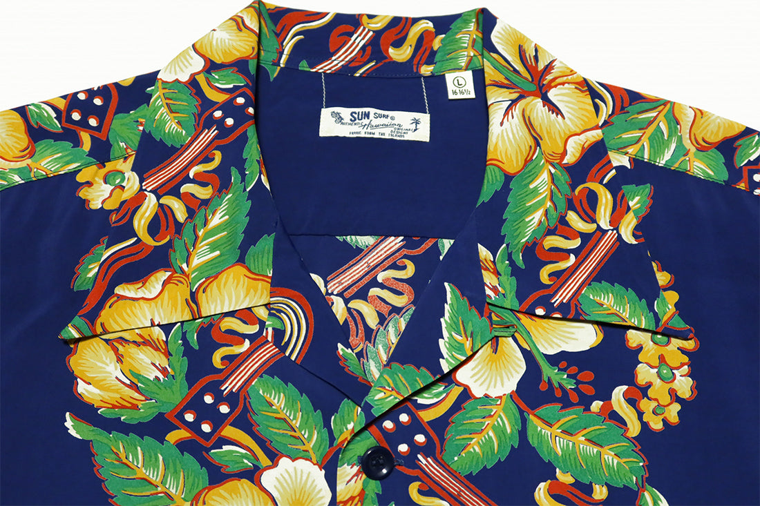 SUN SURF Aloha Shirt Long Sleeve BLESSING GIFTFROM HAWAII Rayon Navy Hawaiian Shirt SS29202