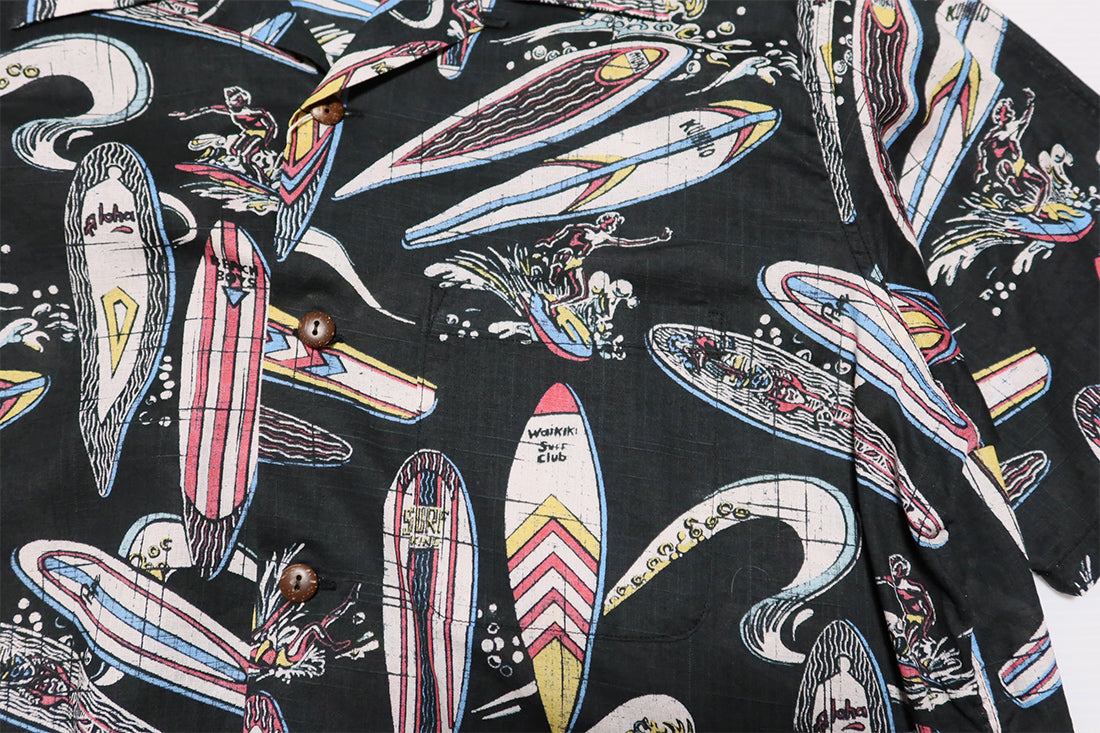 SUN SURF Cotton Linen Open Shirt SURFBOARDS Short Sleeve Aloha Shirt Made in Japan SS39284 Black