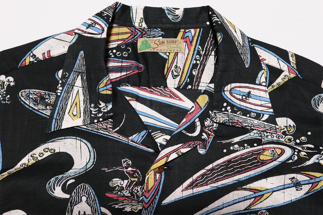 SUN SURF Cotton Linen Open Shirt SURFBOARDS Short Sleeve Aloha Shirt Made in Japan SS39284 Black