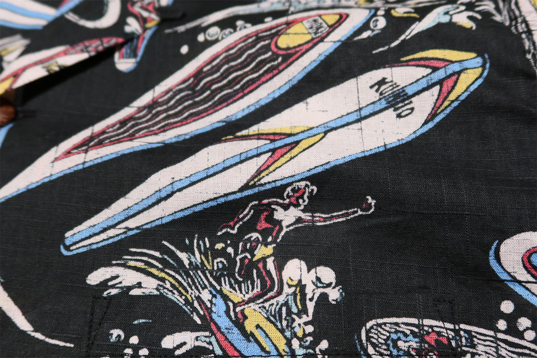 SUN SURF Cotton Linen Open Shirt SURFBOARDS Short Sleeve Aloha Shirt Made in Japan SS39284 Black