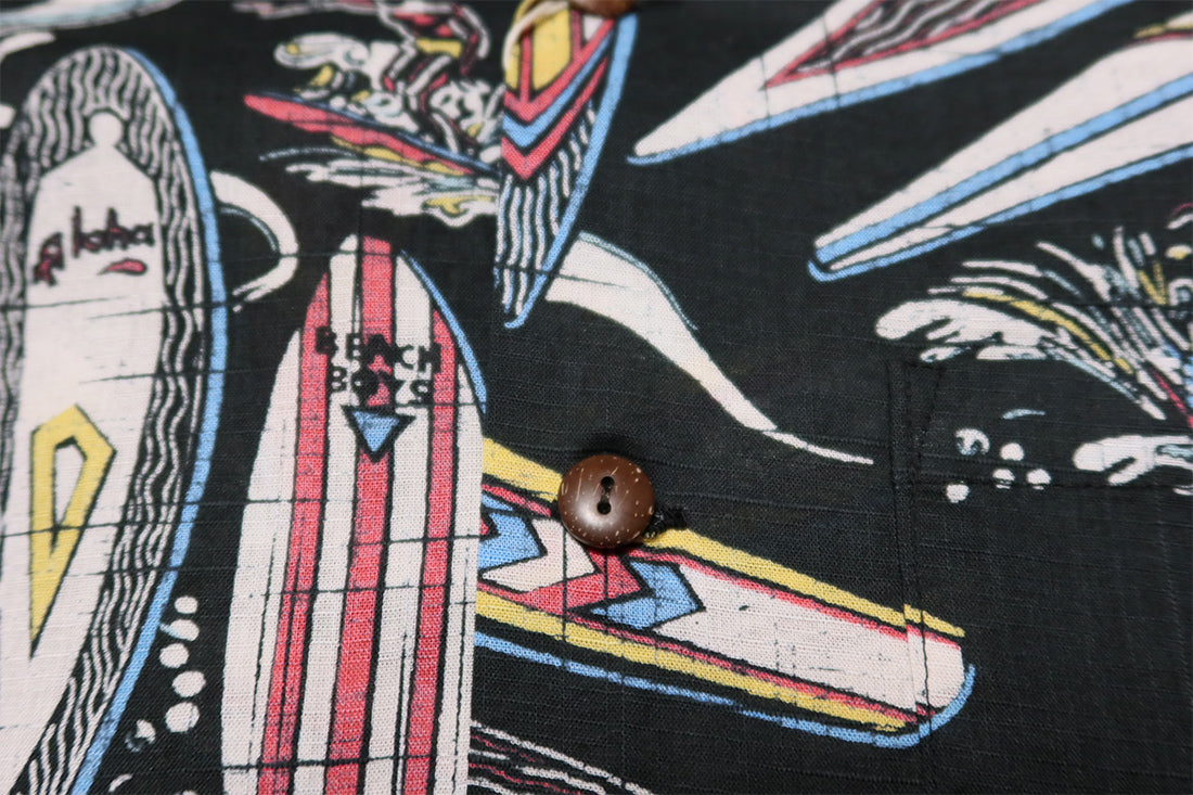 SUN SURF Cotton Linen Open Shirt SURFBOARDS Short Sleeve Aloha Shirt Made in Japan SS39284 Black