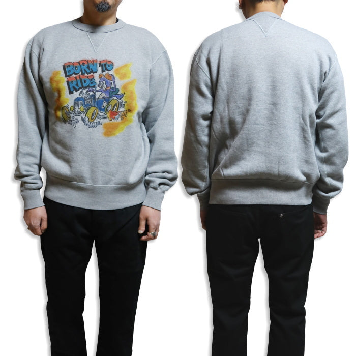 BARNS OUTFITTERS バーンズアウトフィッターズ COZUN クルーネックスウェットシャツ" BORN TO RIDE" 日本製 両Vガゼット BR-25386