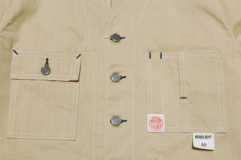 HEADLIGHT ヘッドライト ランダムヘリンボーンツイル ワークベスト ワークジャケット ノーカラー HD15909 日本製