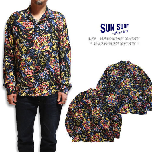 SUN SURF Aloha Shirt Long Sleeve GUARDIAN SPIRIT Dragon God Rayon Black SS29201