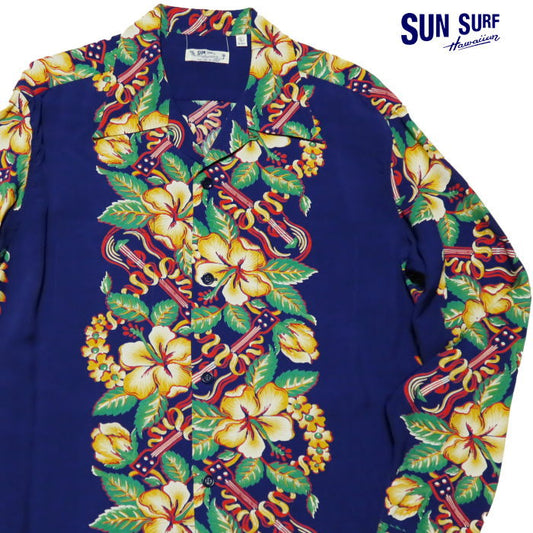 SUN SURF Aloha Shirt Long Sleeve BLESSING GIFTFROM HAWAII Rayon Navy Hawaiian Shirt SS29202