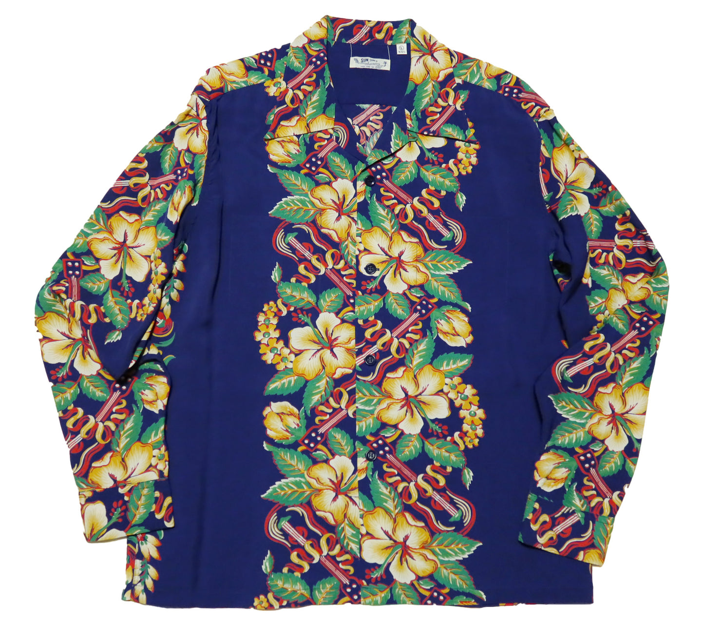 SUN SURF Aloha Shirt Long Sleeve BLESSING GIFTFROM HAWAII Rayon Navy Hawaiian Shirt SS29202