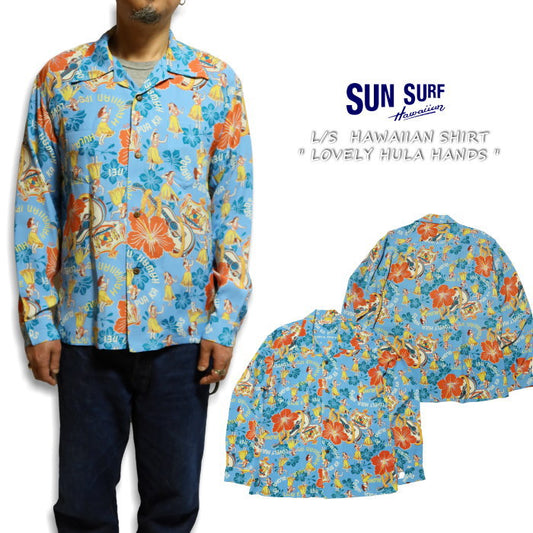 SUN SURF Aloha Shirt Long Sleeve LOVELY HULA HANDS Rayon Blue SS29203