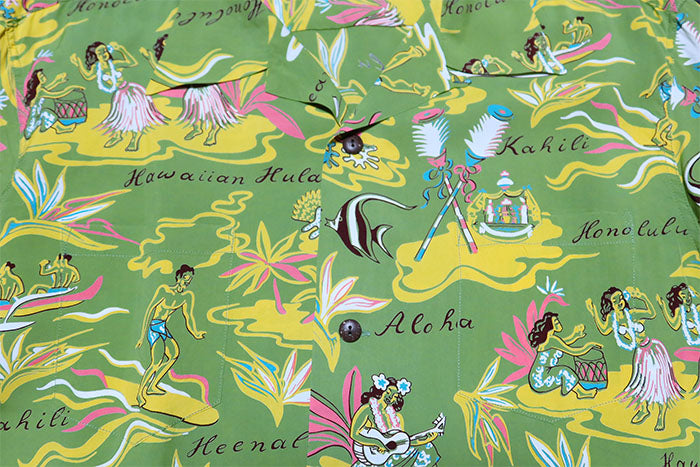 SUN SURF Aloha Shirt Long Sleeve HAWAIIAN HULA Rayon Green Made in Japan SS29401