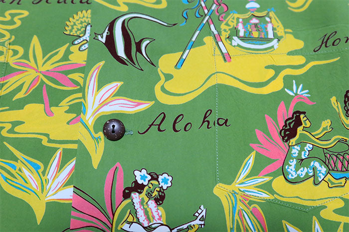 SUN SURF Aloha Shirt Long Sleeve HAWAIIAN HULA Rayon Green Made in Japan SS29401