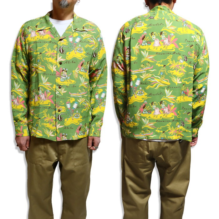 SUN SURF Aloha Shirt Long Sleeve HAWAIIAN HULA Rayon Green Made in Japan SS29401