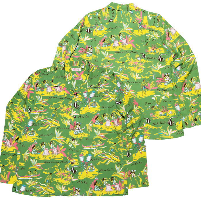 SUN SURF Aloha Shirt Long Sleeve HAWAIIAN HULA Rayon Green Made in Japan SS29401