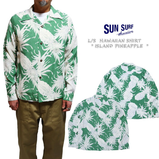 SUN SURF Aloha Shirt Long Sleeve ISLAND PINEAPPLE Rayon Green Made in Japan SS29403