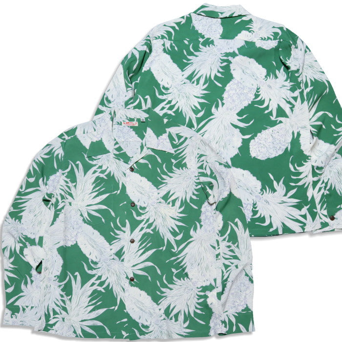 SUN SURF Aloha Shirt Long Sleeve ISLAND PINEAPPLE Rayon Green Made in Japan SS29403