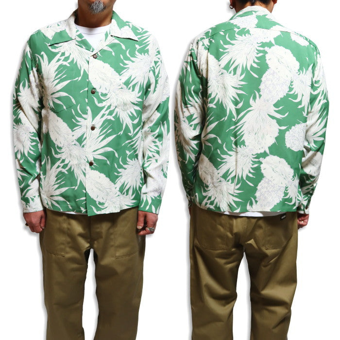 SUN SURF Aloha Shirt Long Sleeve ISLAND PINEAPPLE Rayon Green Made in Japan SS29403