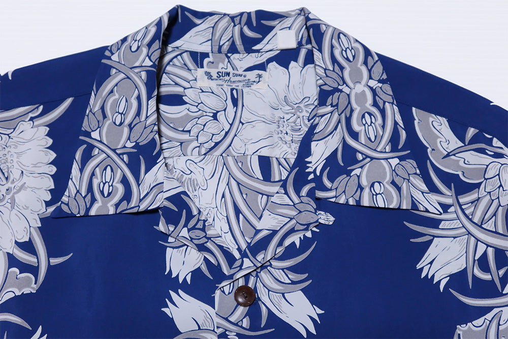 SUN SURF サンサーフ アロハシャツ 長袖 NIGHT BLOOMING CEREUS BORDER ハワイアンシャツ 月下美人 日本製 SS29602 ブルー