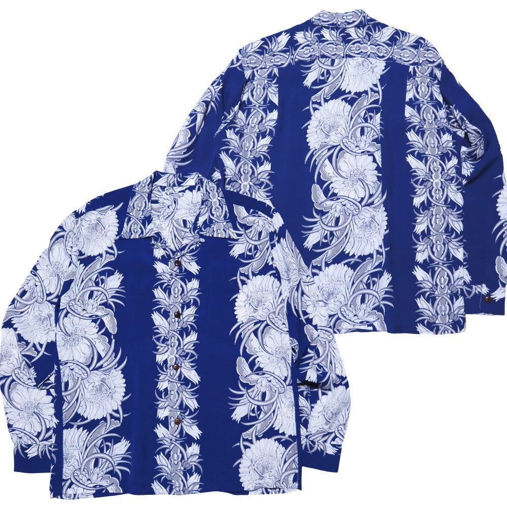 SUN SURF サンサーフ アロハシャツ 長袖 NIGHT BLOOMING CEREUS BORDER ハワイアンシャツ 月下美人 日本製 SS29602 ブルー