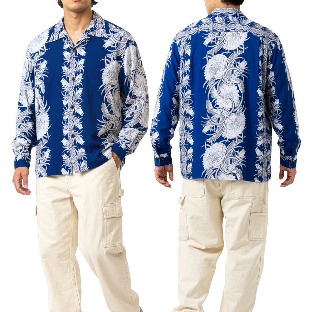 SUN SURF サンサーフ アロハシャツ 長袖 NIGHT BLOOMING CEREUS BORDER ハワイアンシャツ 月下美人 日本製 SS29602 ブルー